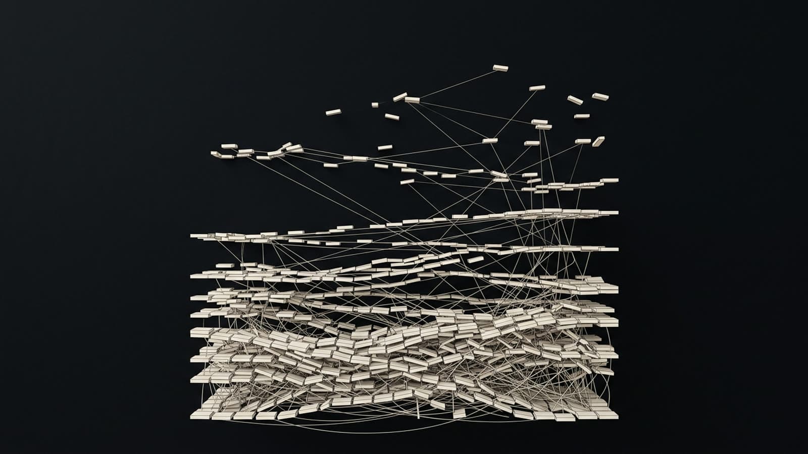 Layered strata of small blocks accumulated like sediment, threaded by tangled connection lines
