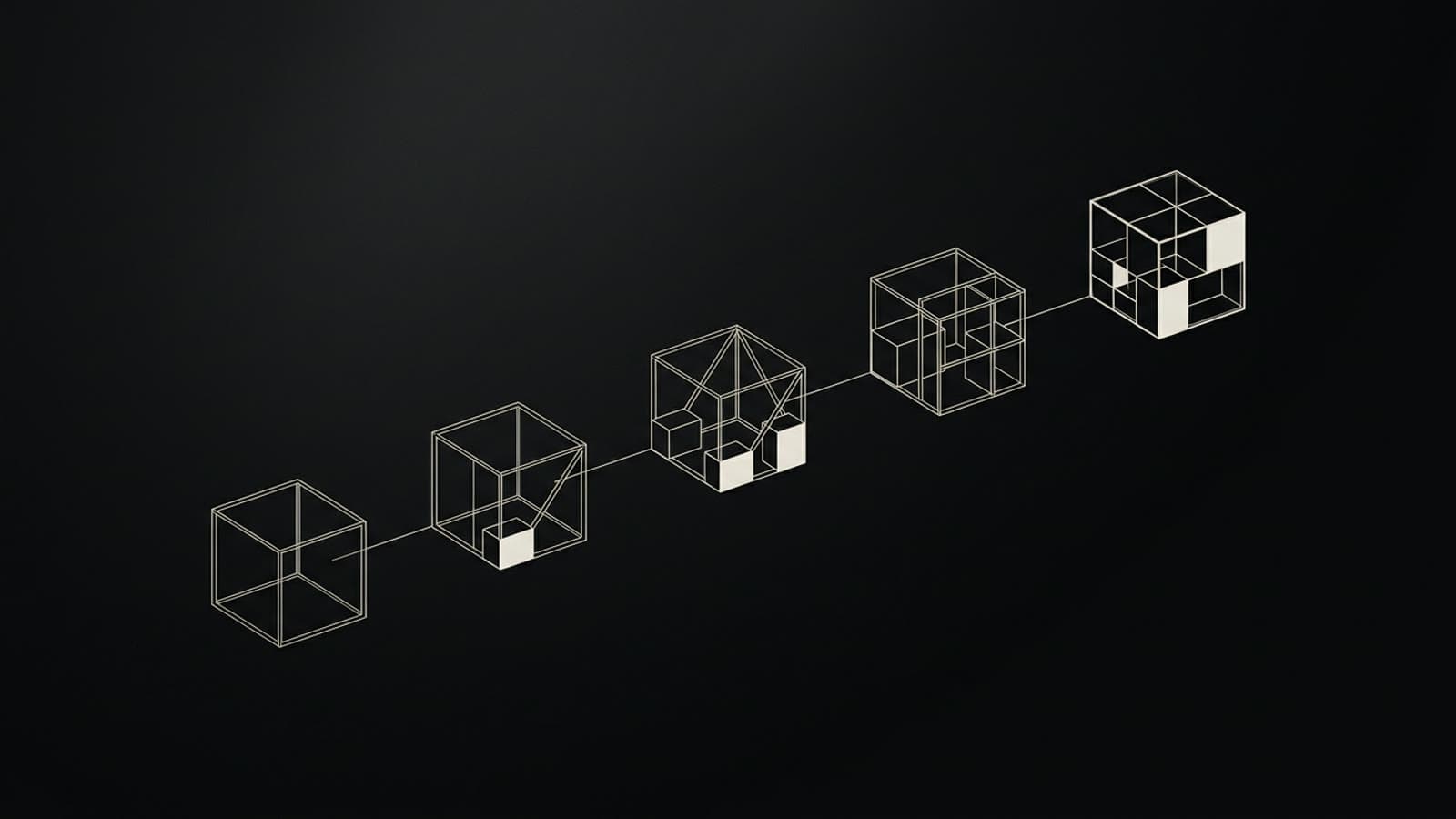 Five abstract structures connected in a chain, each more complete than the last